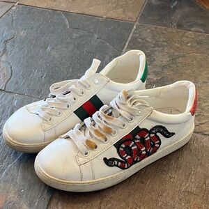 Gucci White Sneakers with Red & Green Stripe and Embroidered Red/Black Snake